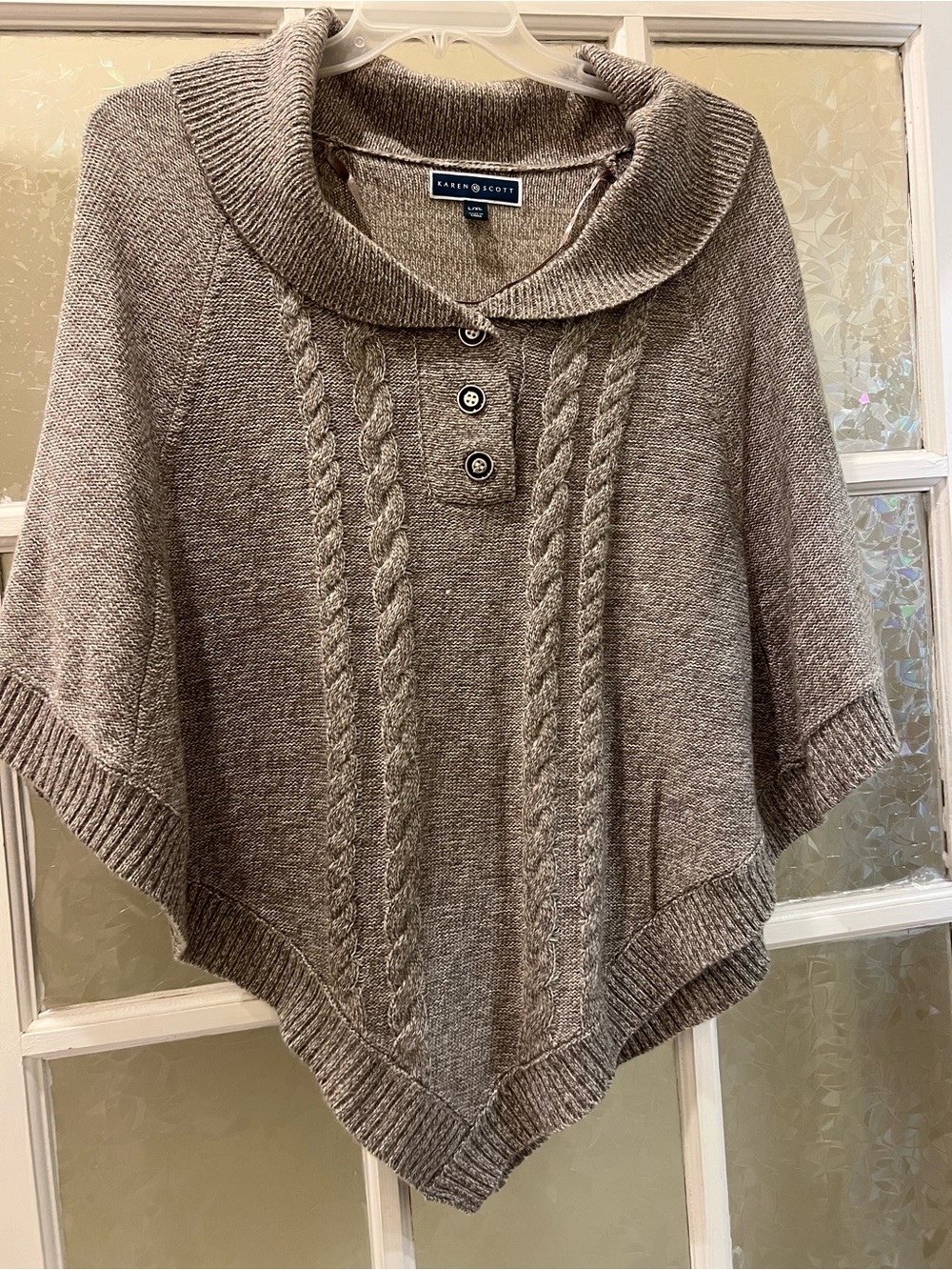 Karen Scott Taupe Cable-Detail Poncho with Button Placket